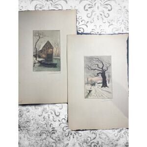 Broyelle Signed Hand-Colored Etchings Pair Rustic Winter French Folk Art Vibe